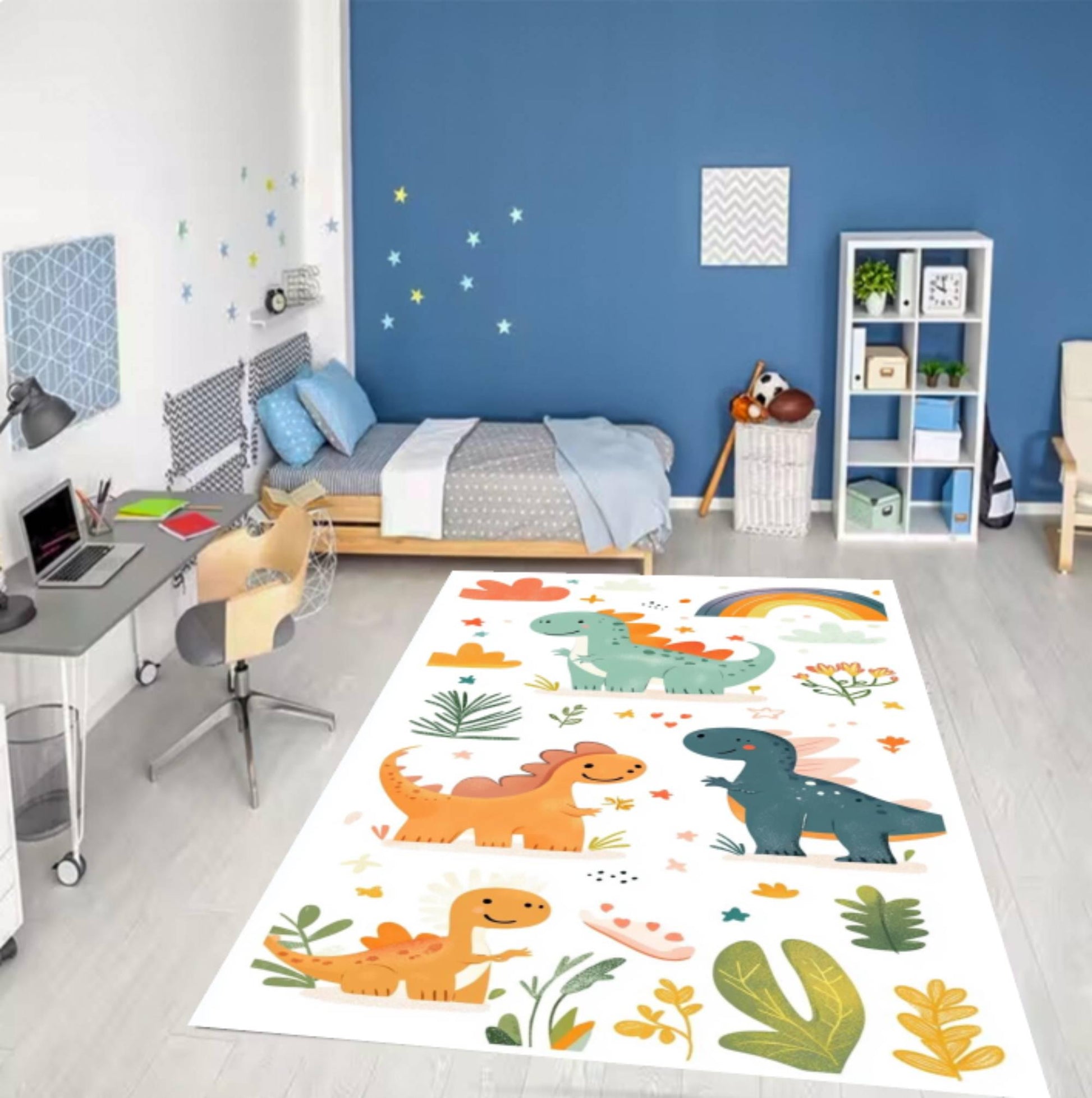 Cute Dinosaur Kids Area Rug, Washable Non Slip Nursery Carpet, Baby Room Floor Mat with Dinosaurs, Rainbow Animal Design, Playroom Decor