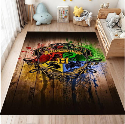 Harry Potter-themed rug with Hogwarts crest on a wooden floor in a child's room.