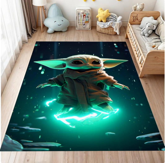 Floor rug with a Yoda character design in a room with furniture and decor.