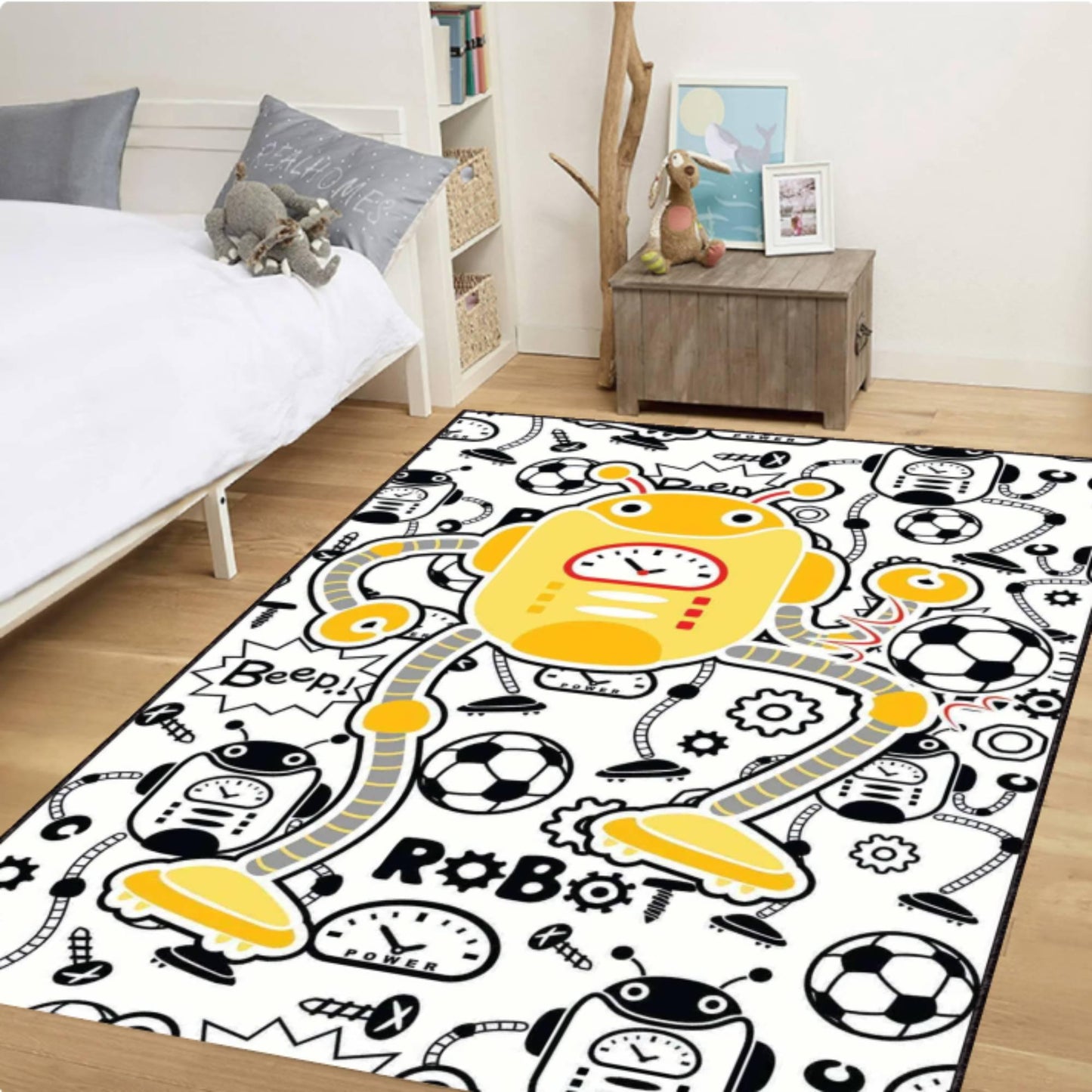 Children's room with a robot-themed rug on the floor.