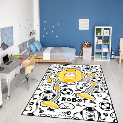 Washable Robot Kids Rug | Non-Slip Playroom Area Carpet