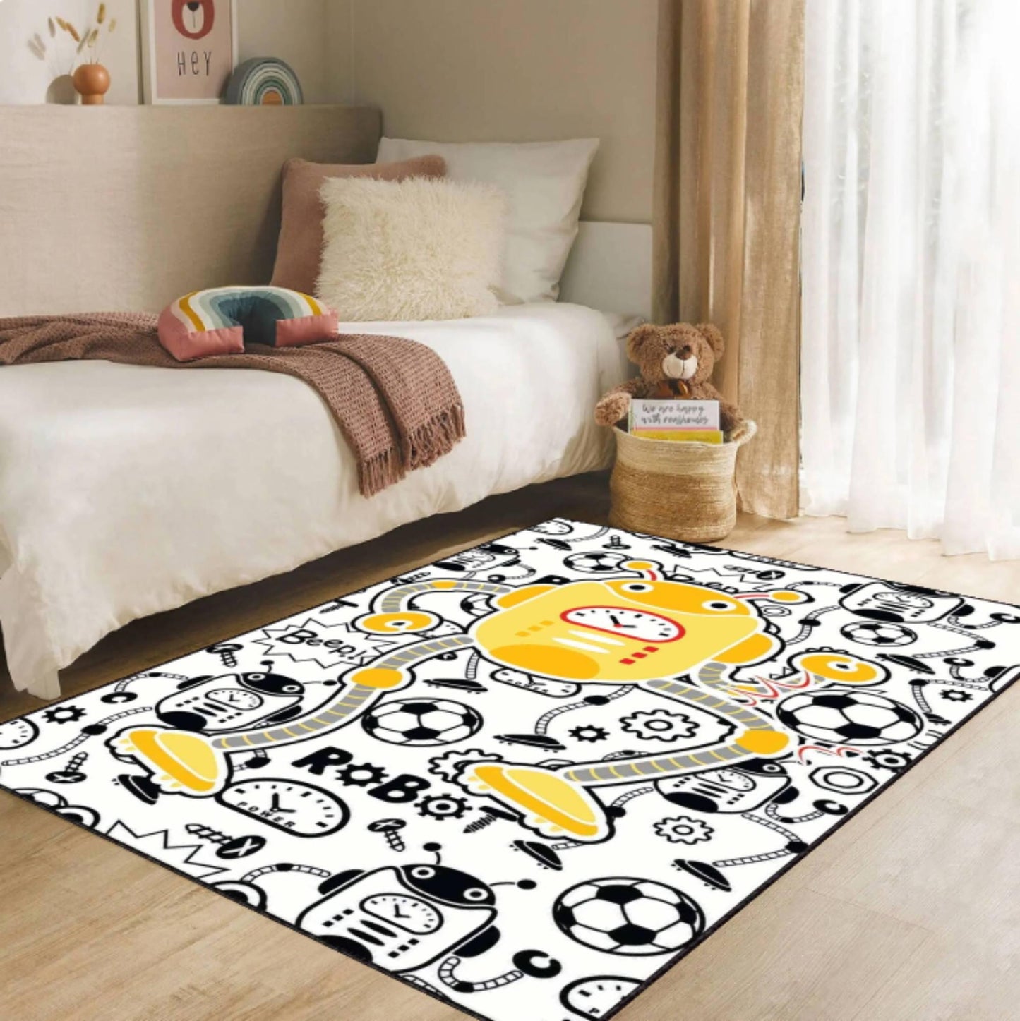 Washable Robot Kids Rug | Non-Slip Playroom Area Carpet