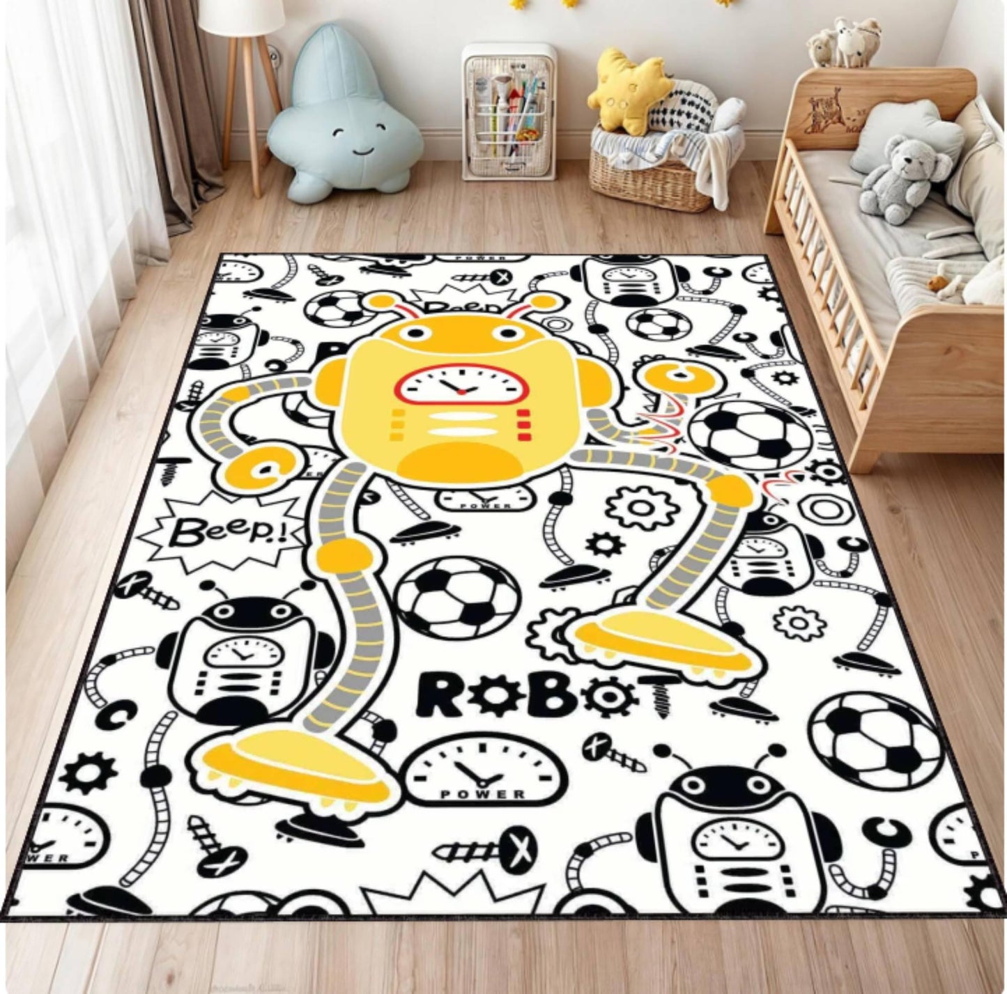 Washable Robot Kids Rug | Non-Slip Playroom Area Carpet