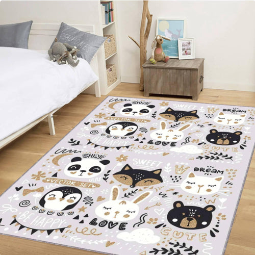 Animal Kids Rug, Washable Nursery Carpet, Pastel Boho Style