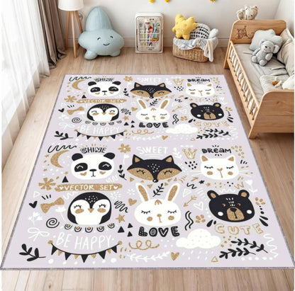 Children's room with a decorative rug featuring cartoon animals and text.