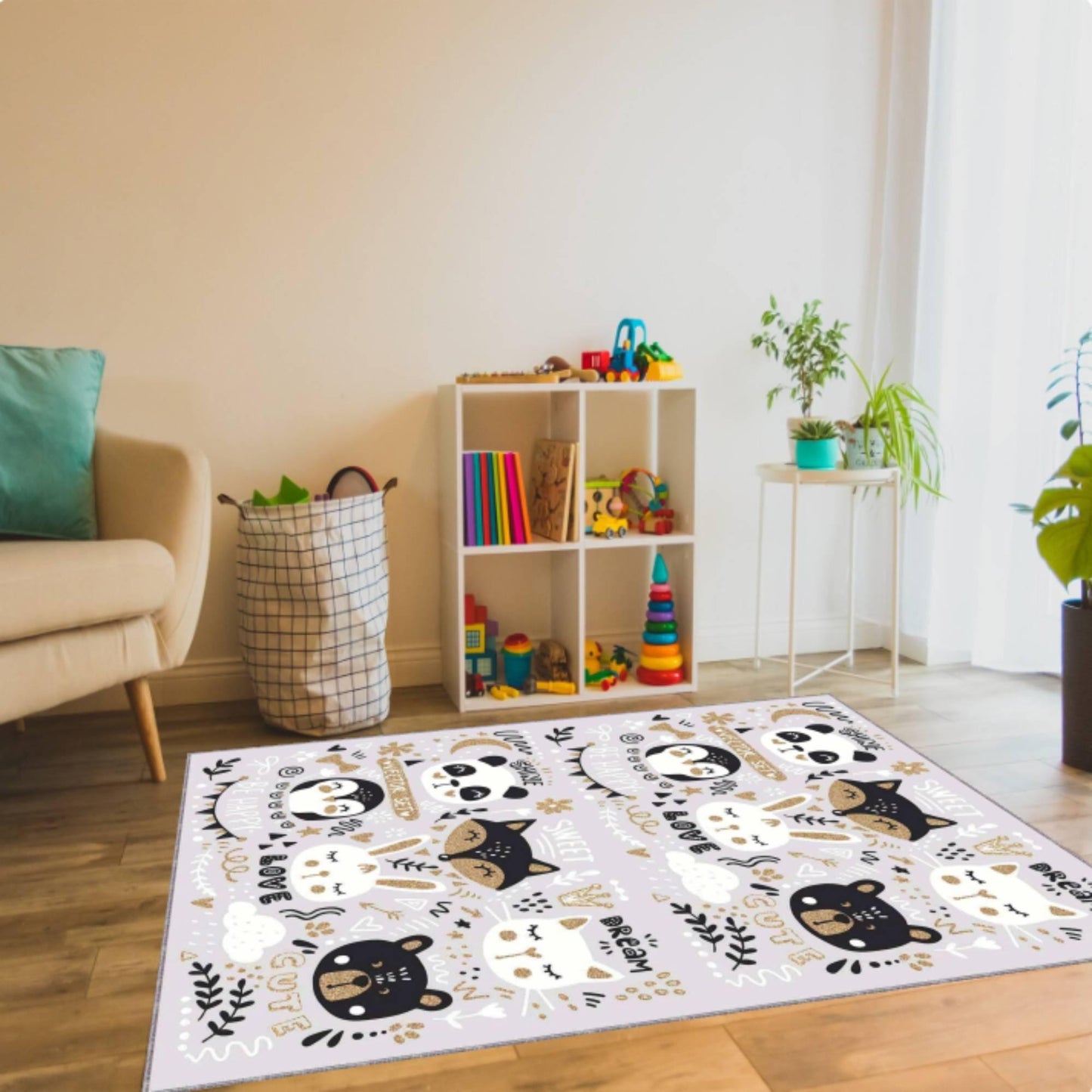 Animal Kids Rug, Washable Nursery Carpet, Pastel Boho Style