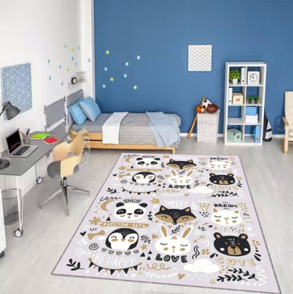 Animal Kids Rug, Washable Nursery Carpet, Pastel Boho Style