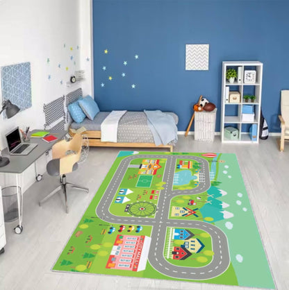 City Map Kids Rug, Washable Playroom Road Carpet, Non Slip