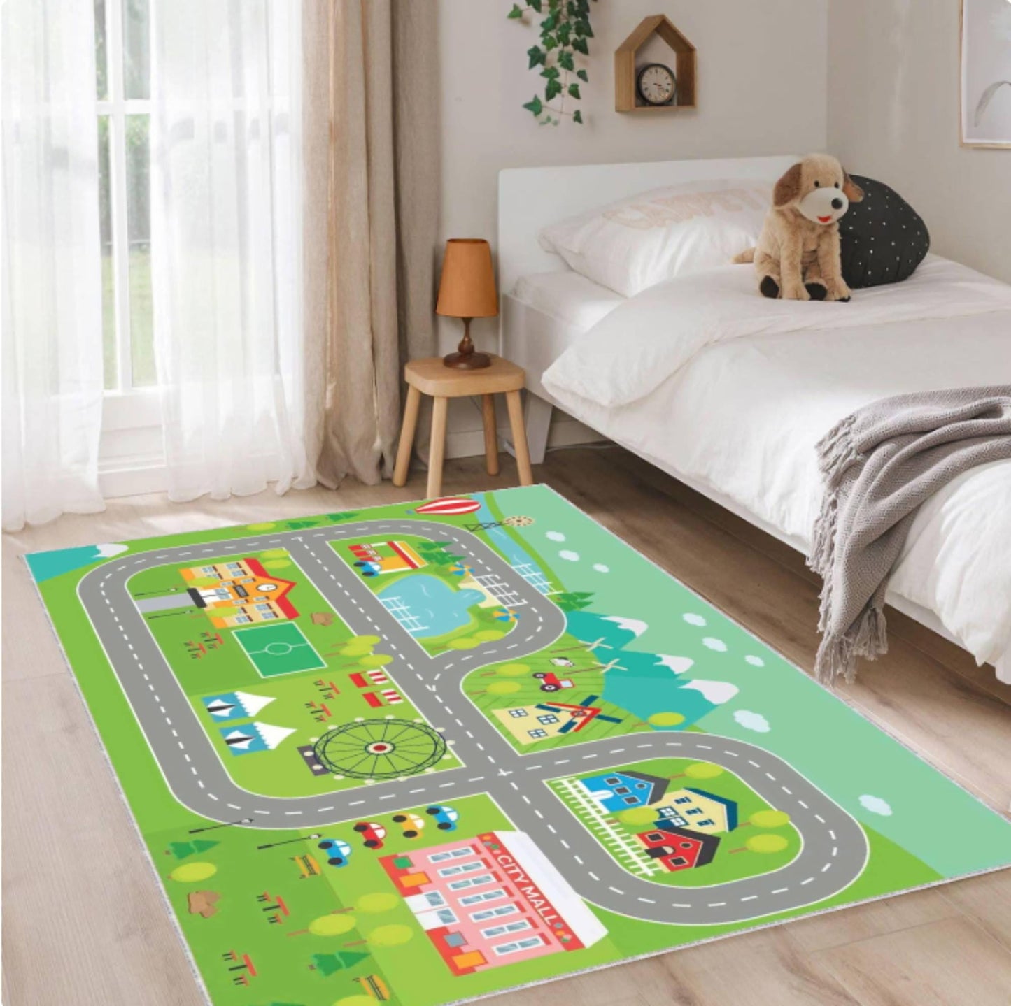 City Map Kids Rug, Washable Playroom Road Carpet, Non Slip