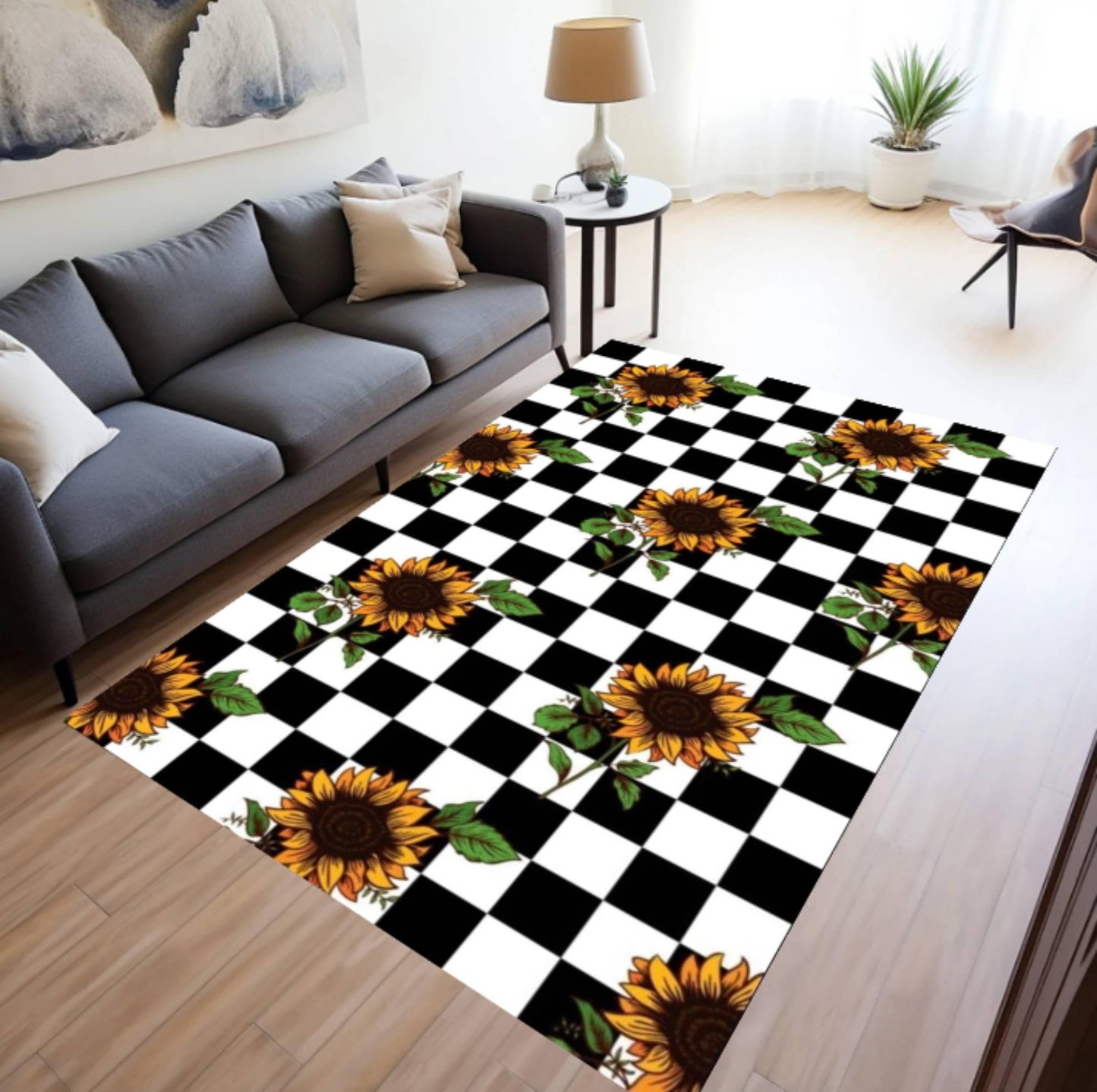 Sunflower Checkered Rug - Black & White Checkerboard Farmhouse Floral Rug