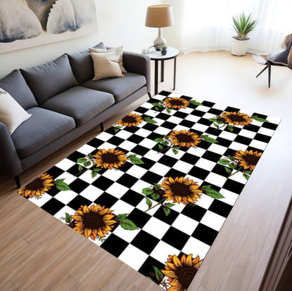 Sunflower Checkered Rug - Black & White Checkerboard Farmhouse Floral Rug