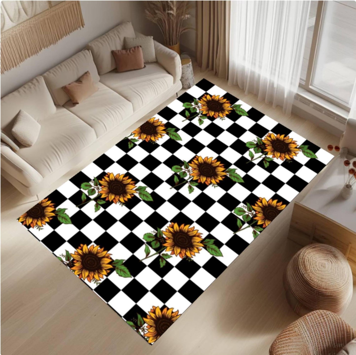 Sunflower Checkered Rug - Black & White Checkerboard Farmhouse Floral Rug