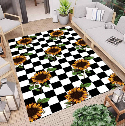 Sunflower Checkered Area Rug, Farmhouse Floral Floor Decor, Black White Checkerboard Carpet, Washable Non Slip Backing, Living Room Nursery