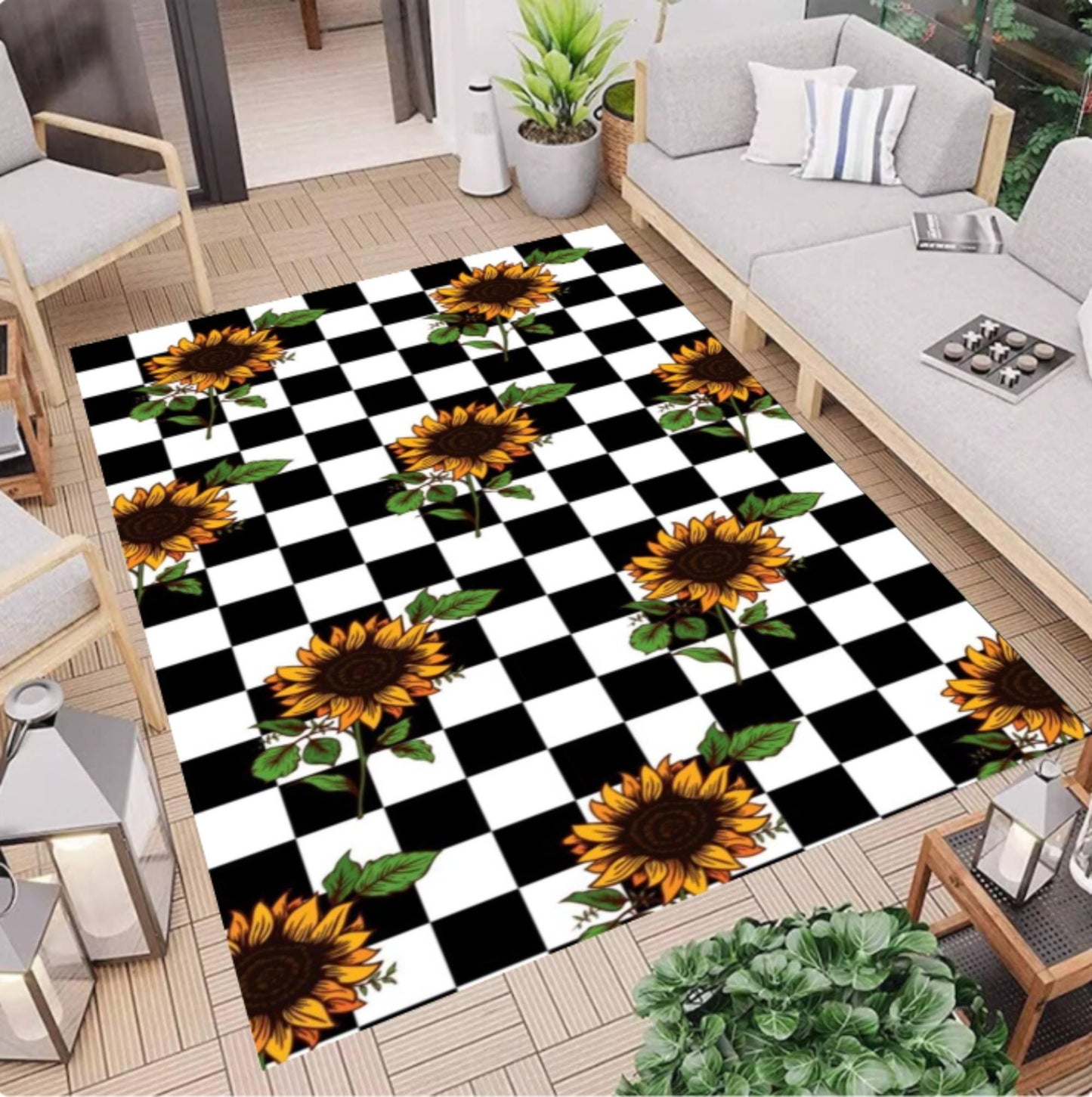 Sunflower Checkered Rug - Black & White Checkerboard Farmhouse Floral Rug