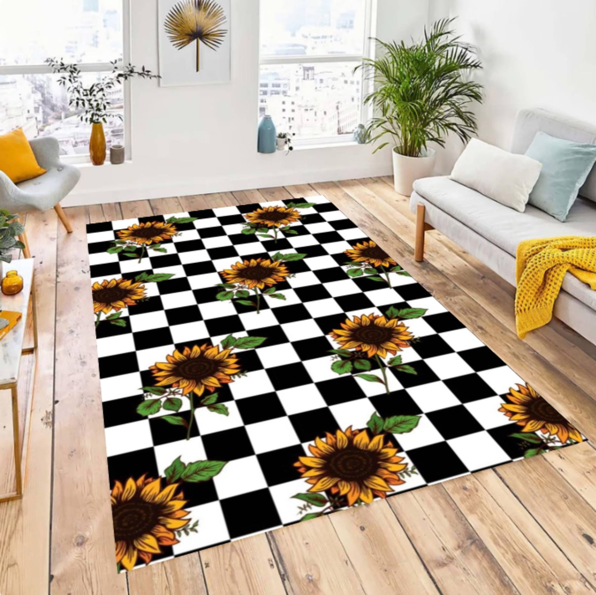 Sunflower Checkered Area Rug, Farmhouse Floral Floor Decor, Black White Checkerboard Carpet, Washable Non Slip Backing, Living Room Nursery