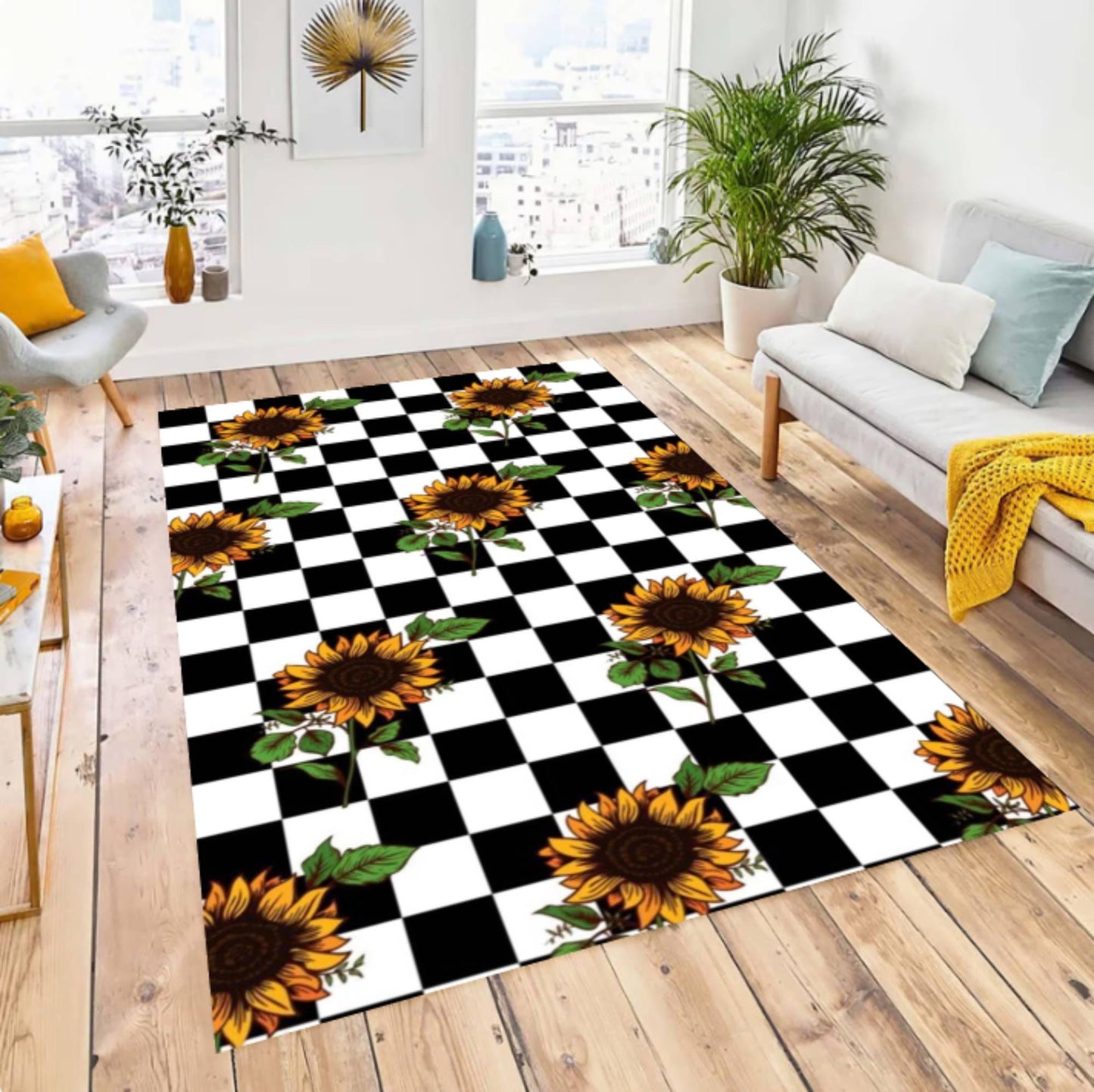 Sunflower Checkered Rug - Black & White Checkerboard Farmhouse Floral Rug