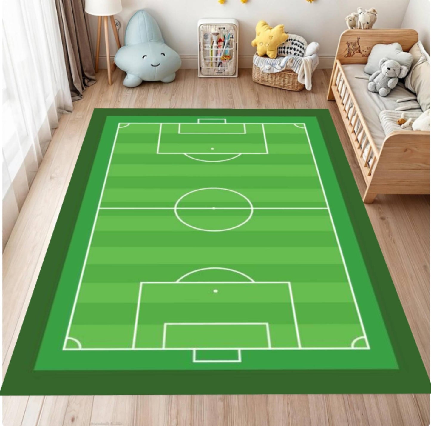 Children's room with a green soccer field rug on wooden flooring.