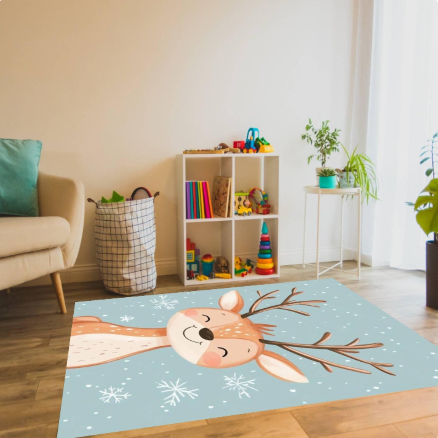 Fun Winter Deer Rug - Washable Non-Slip Playroom & Kids' Room Rug