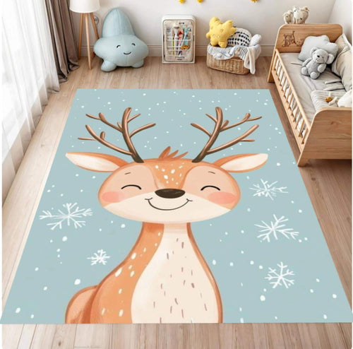Children's room with a rug featuring a cartoon deer design.