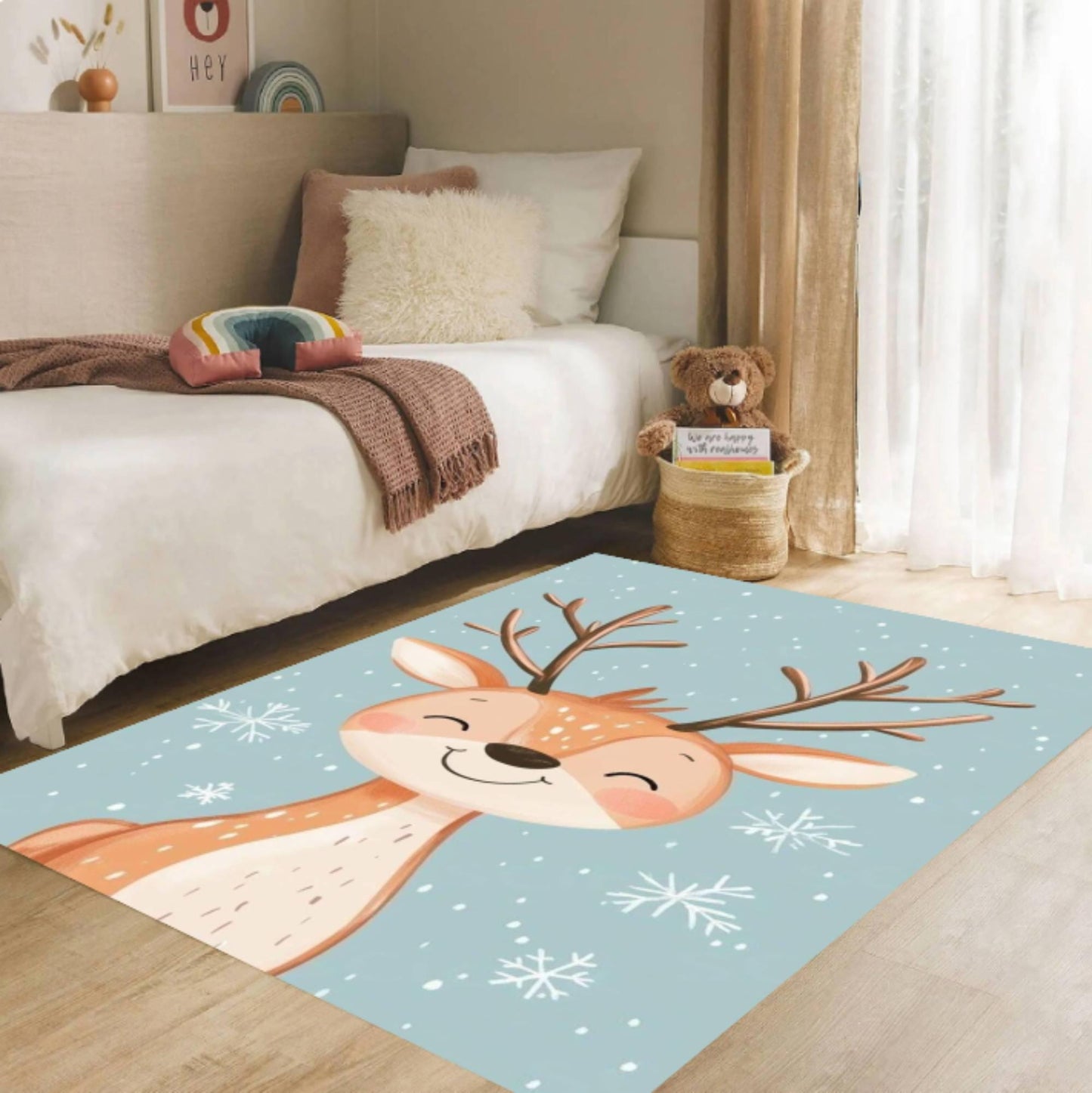 Fun Winter Deer Rug - Washable Non-Slip Playroom & Kids' Room Rug