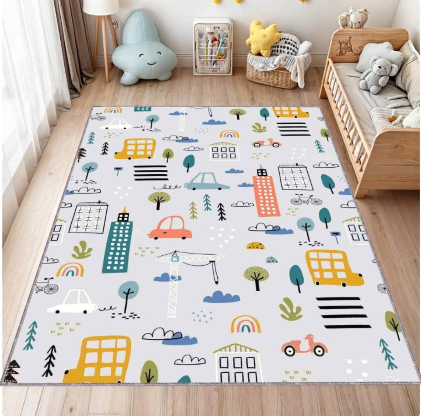 Children's play mat with colorful cityscape design on a wooden floor.