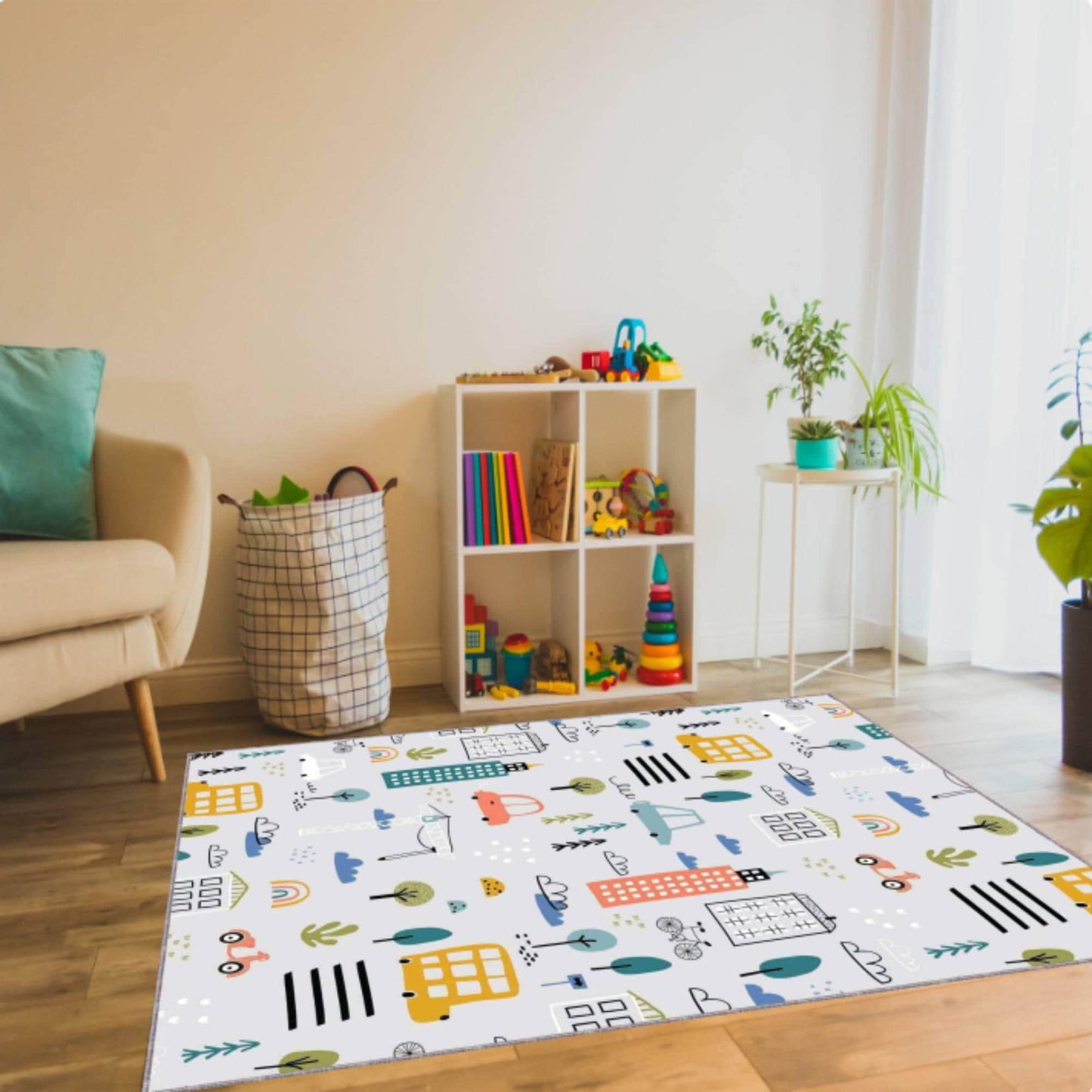 City Map Kids Rug | Washable Non-Slip Playroom Area Carpet