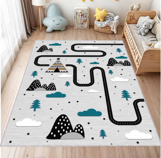 Children's play mat with road design on a wooden floor in a room with toys and furniture.