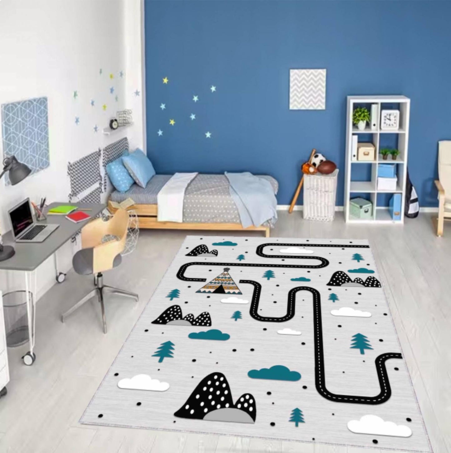 Scandinavian Road Play Kids Rug | Washable Adventure Playroom Carpet
