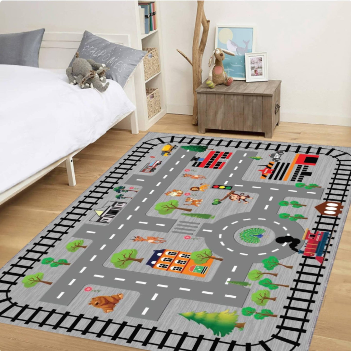 City Road & Train Track Kids Rug | Washable Playroom Area Carpet