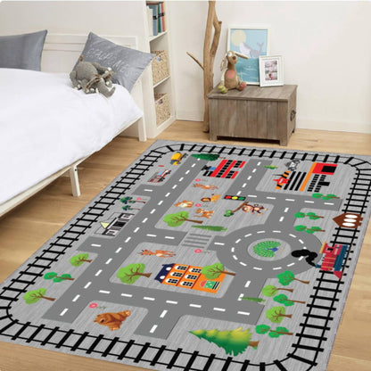 City Road & Train Track Kids Rug | Washable Playroom Area Carpet
