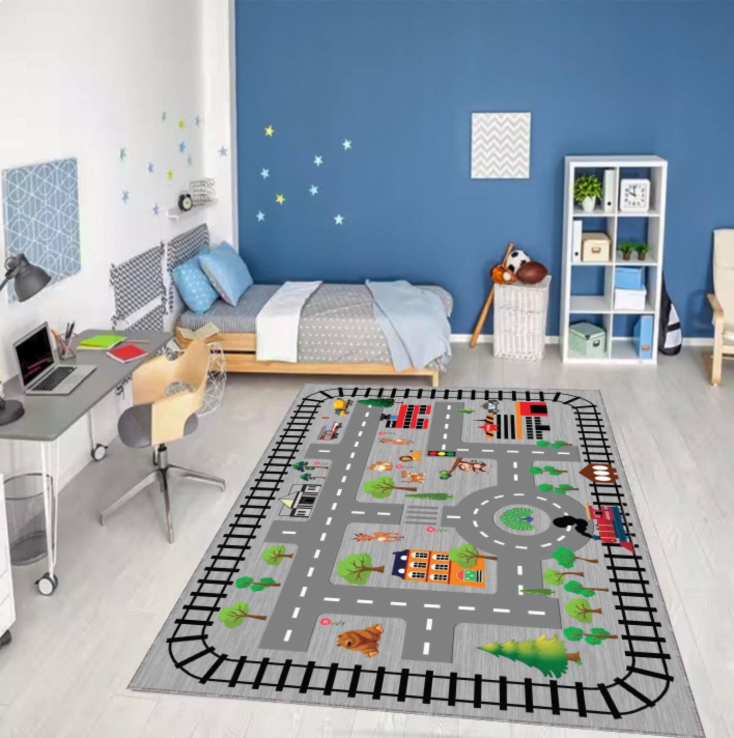 City Road & Train Track Kids Rug | Washable Playroom Area Carpet