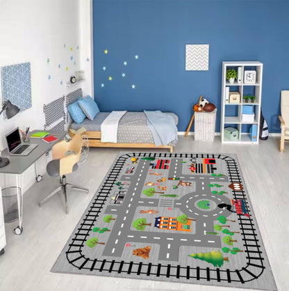 City Road & Train Track Kids Rug | Washable Playroom Area Carpet
