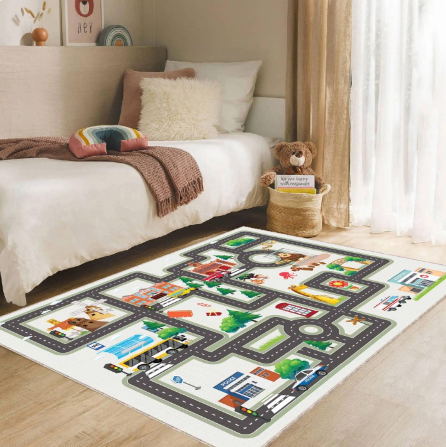 City Road Play Rug | Washable Traffic Playroom Carpet for Kids