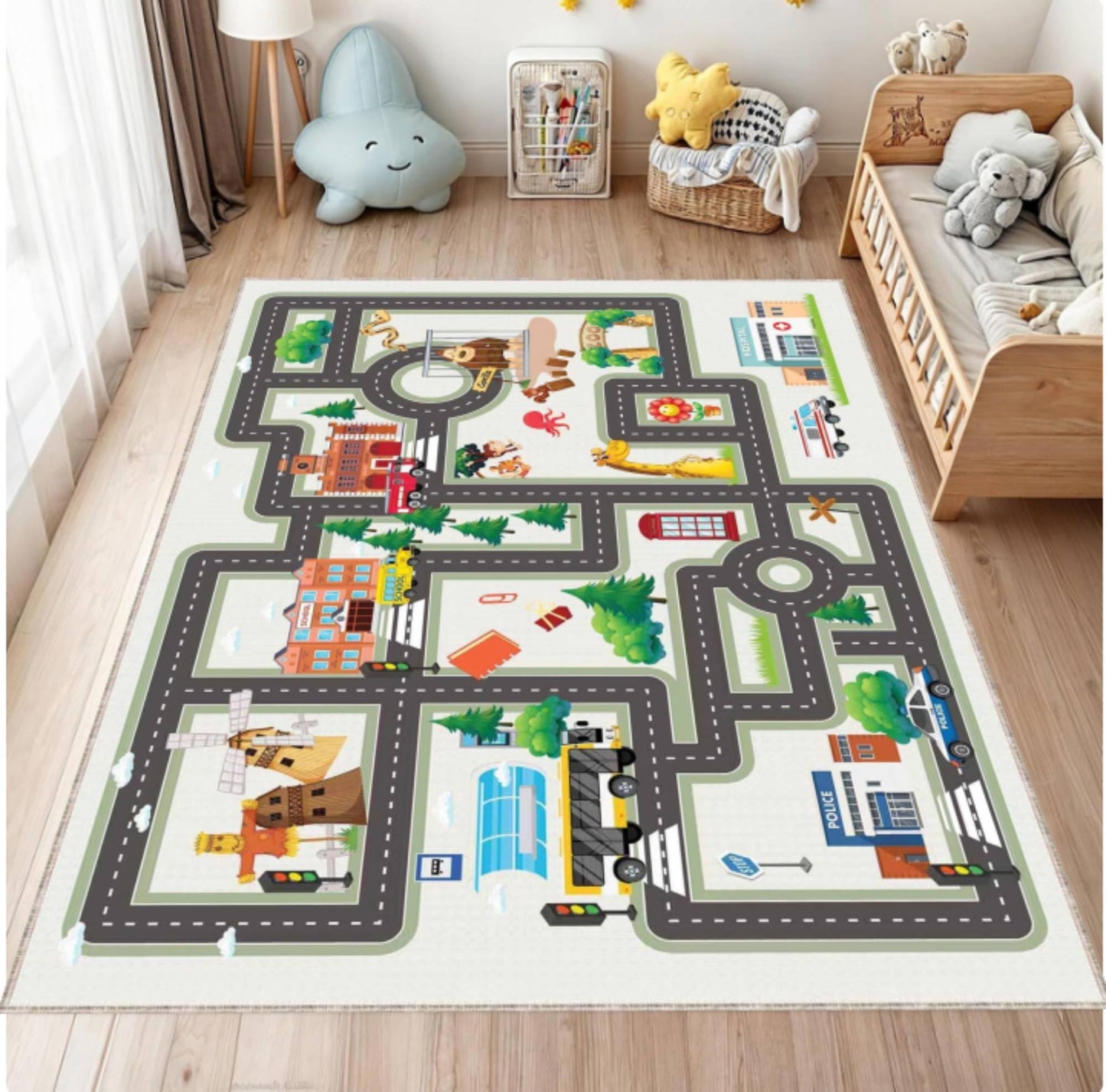 City Road Play Rug | Washable Traffic Playroom Carpet for Kids