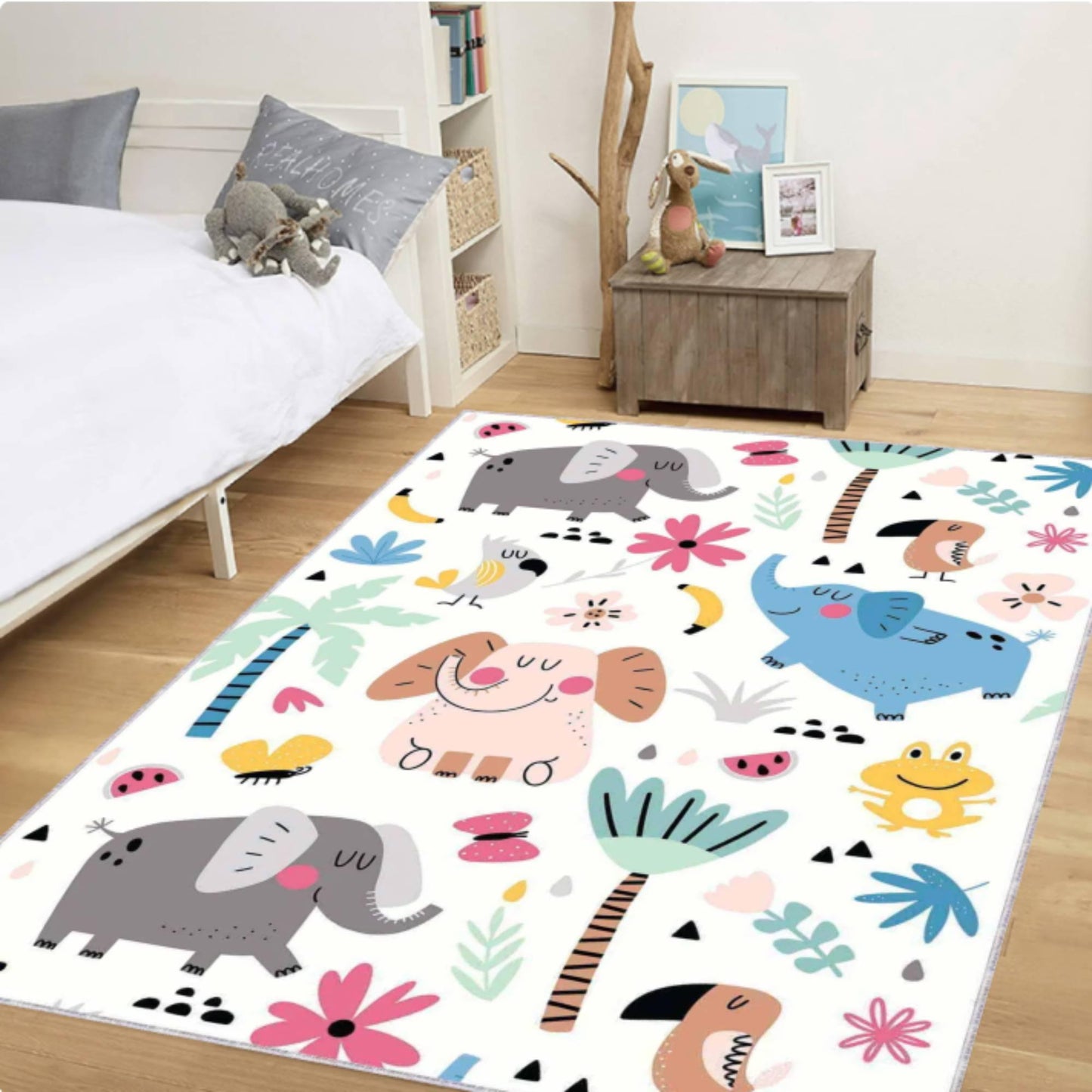 Washable Elephant Safari Kids Rug | Non-Slip Playroom Carpet
