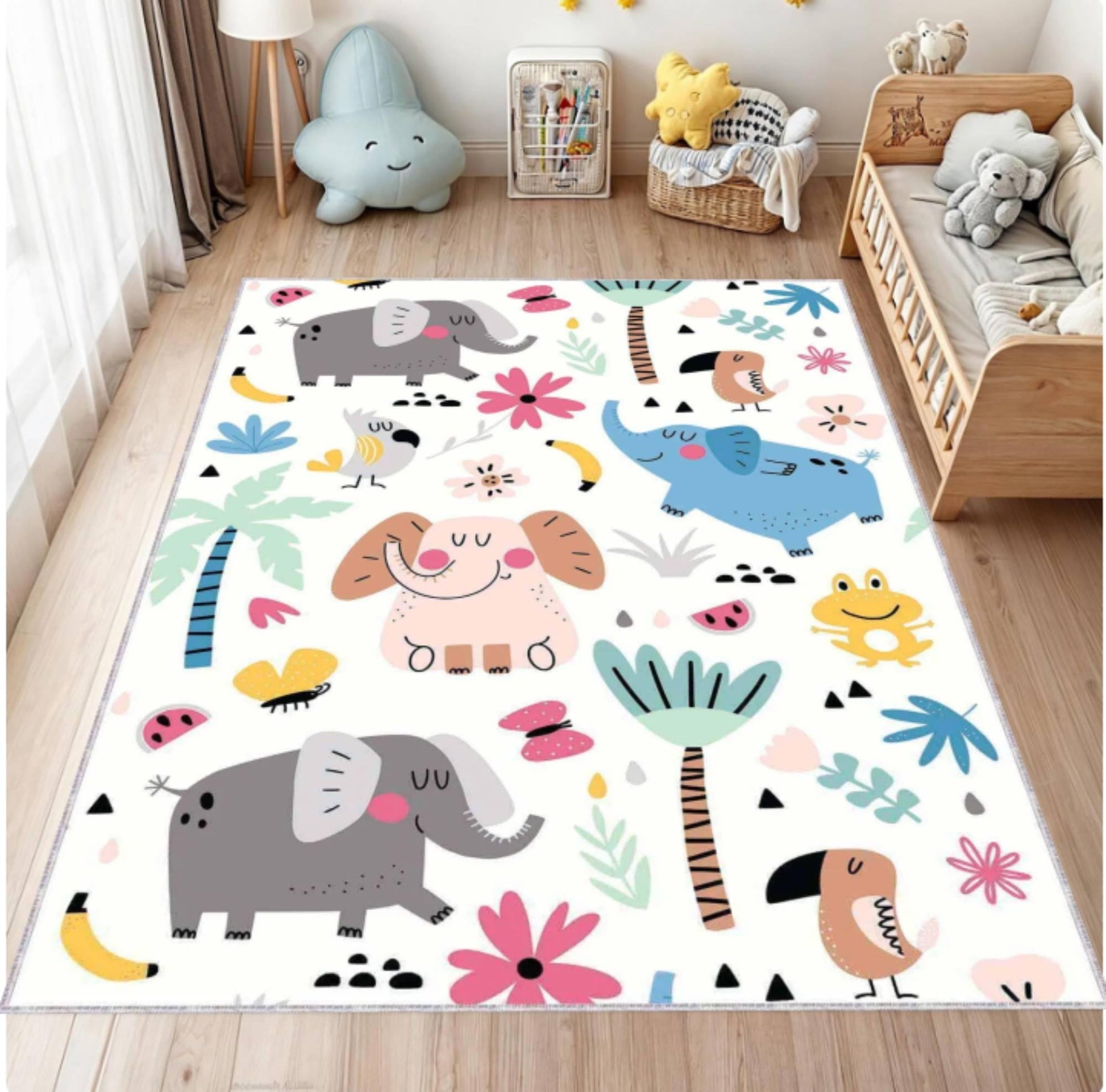 Children's room with a colorful animal-patterned rug on the floor.