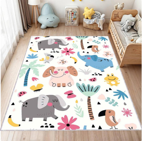 Children's room with a colorful animal-patterned rug on the floor.