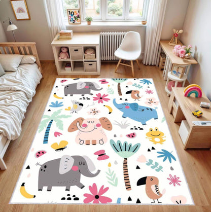 Washable Elephant Safari Kids Rug | Non-Slip Playroom Carpet