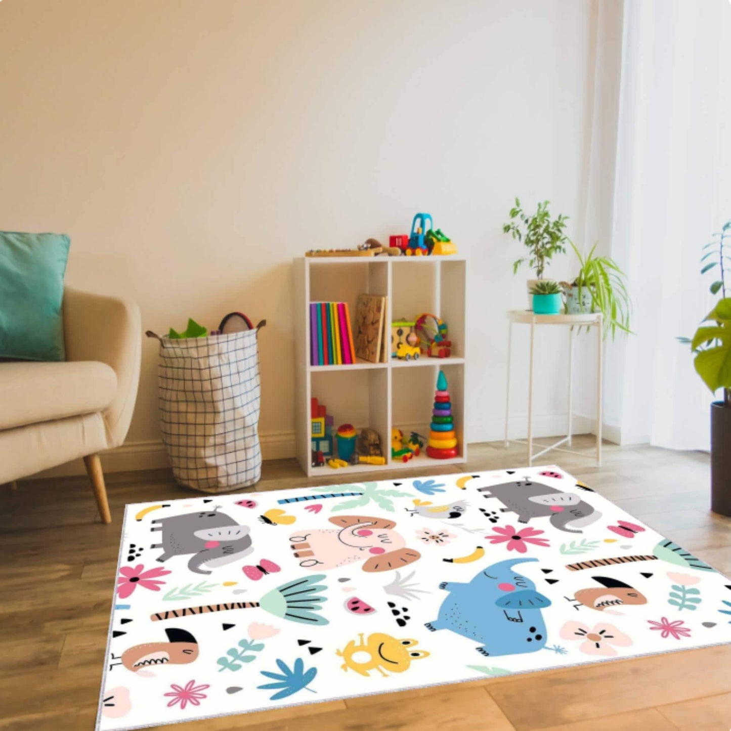 Washable Elephant Safari Kids Rug | Non-Slip Playroom Carpet