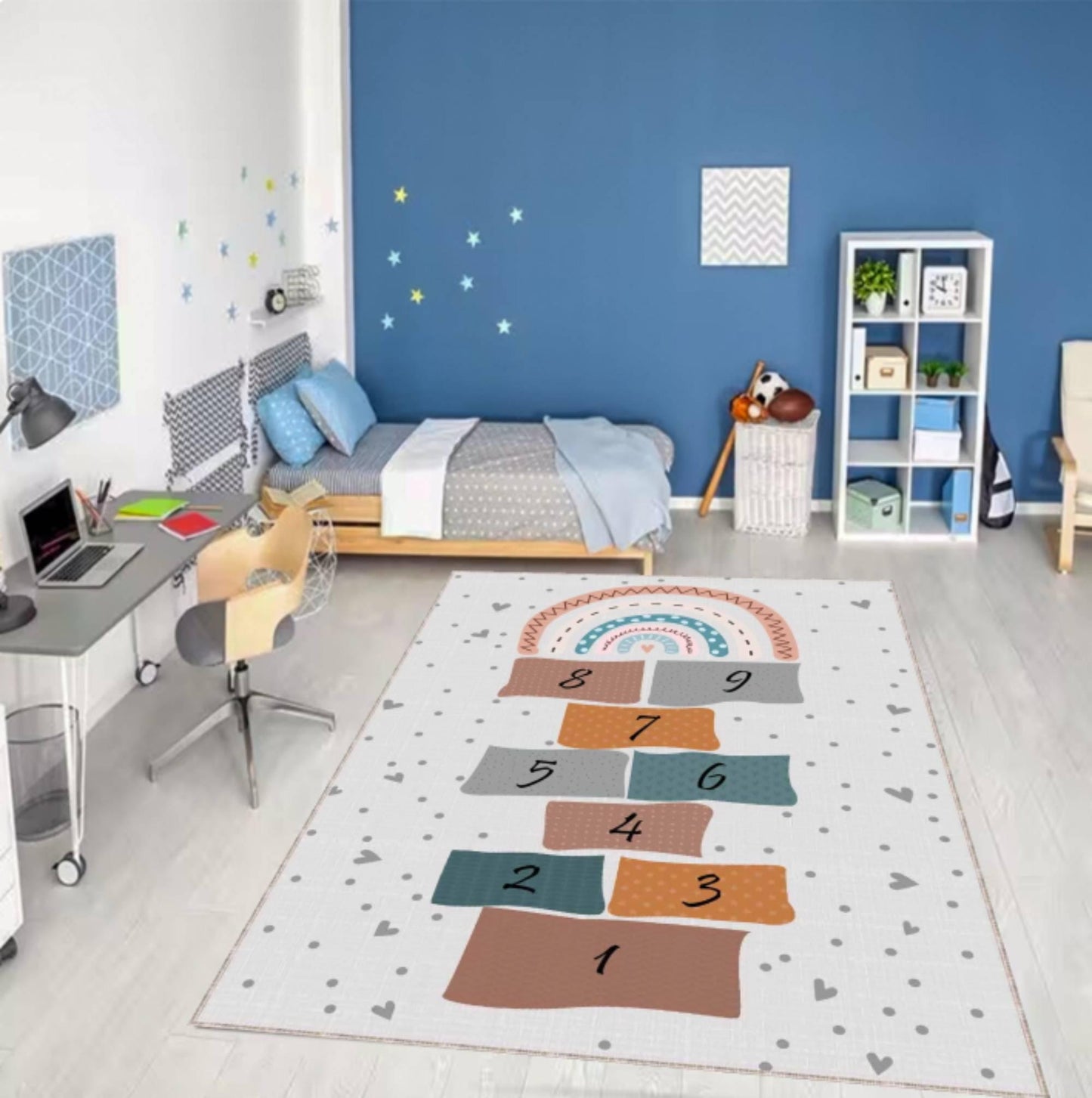 Hopscotch Play Rug for Kids, Washable rug, Non Slip Carpet, Educational Number Play Mat, Toddler rug, Nursery Rug, Kids Room Floor Carpet