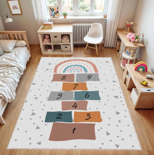 Hopscotch Play Rug for Kids, Washable rug, Non Slip Carpet, Educational Number Play Mat, Toddler rug, Nursery Rug, Kids Room Floor Carpet