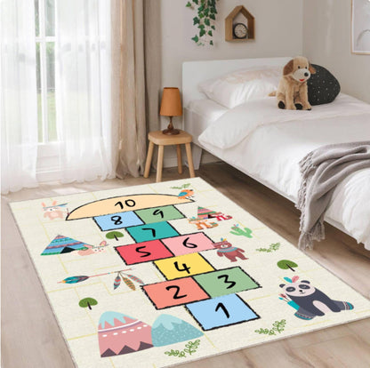 Hopscotch Kids Rug, Woodland Animal Nursery, Washable Play Carpet