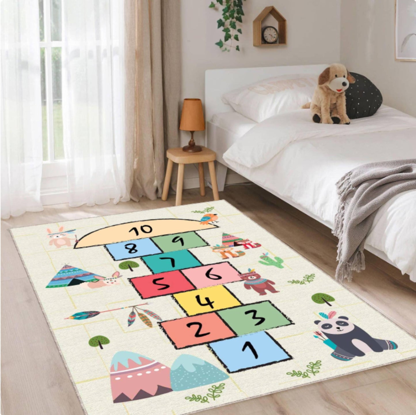 Woodland Animals Hopscotch Kids Rug | Washable Playroom Carpet