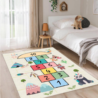 Woodland Animals Hopscotch Kids Rug | Washable Playroom Carpet
