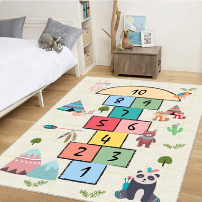 Woodland Animals Hopscotch Kids Rug | Washable Playroom Carpet