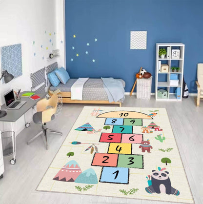 Woodland Animals Hopscotch Kids Rug | Washable Playroom Carpet