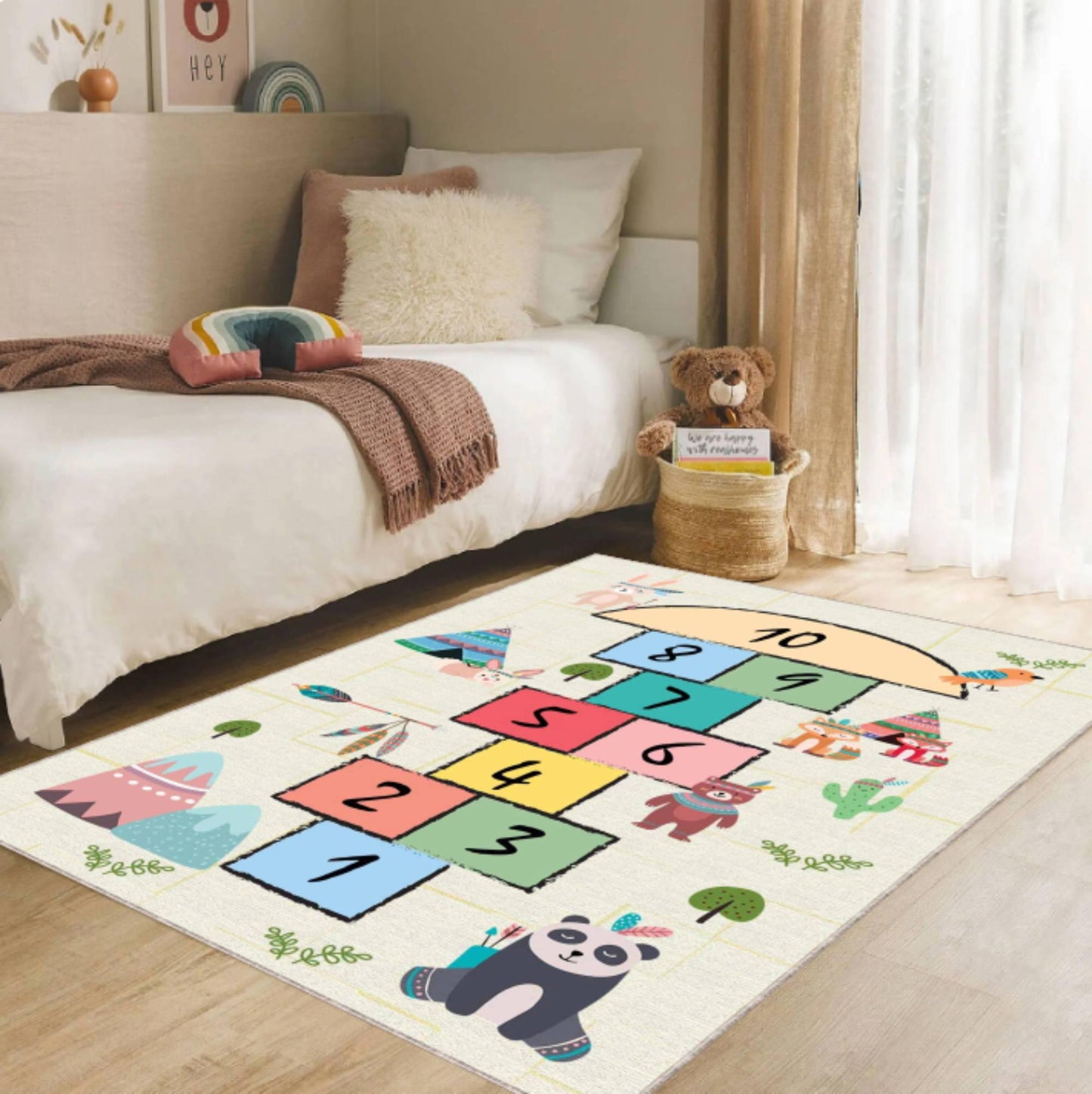Woodland Animals Hopscotch Kids Rug | Washable Playroom Carpet