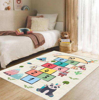 Woodland Animals Hopscotch Kids Rug | Washable Playroom Carpet