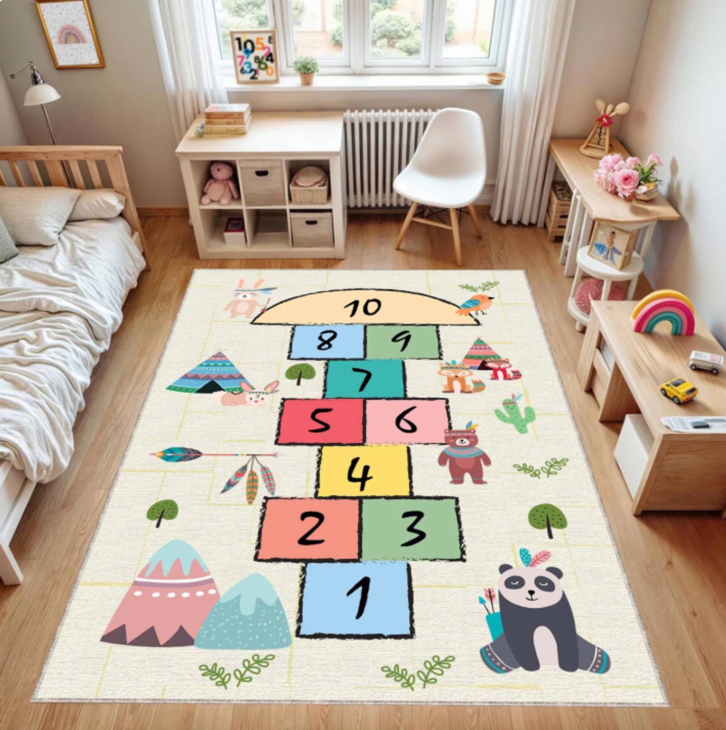 Woodland Animals Hopscotch Kids Rug | Washable Playroom Carpet