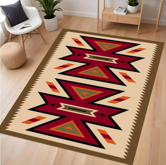 Decorative rug with geometric pattern on a wooden floor